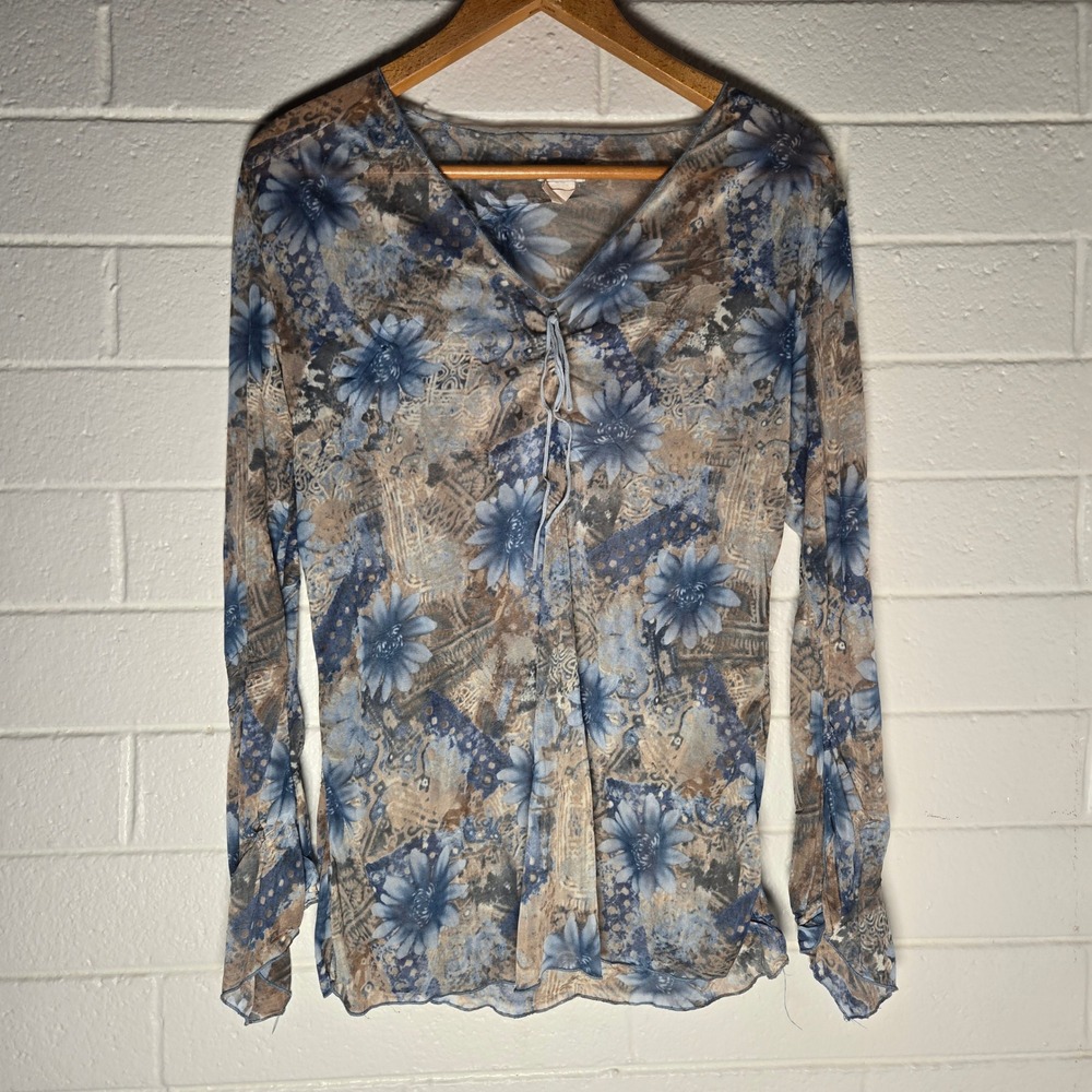 Vtg Y2K Nicola Women Top Sheer Mesh Floral Print Lettuce Hem S Punk Whimsigoth